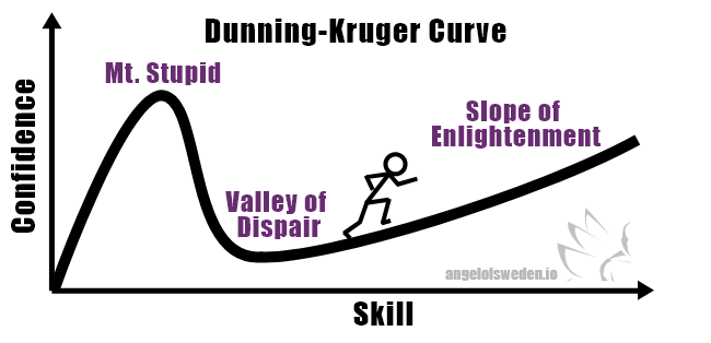 chart with confidence on the y axis and skill on the x axis. a curve going up steeply at the beginning to "Mt Stupid" and then downhill to "Value of Dispair". Then the curve climbs slowly on the "Slope of Enlightenment".