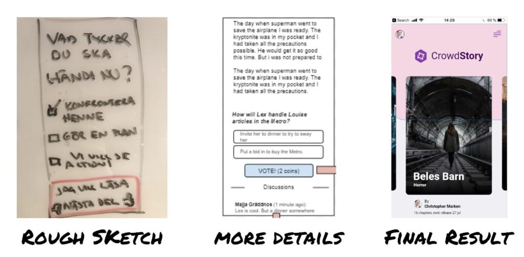 a rough UI sketch done on a whiteboard, a more detail digital sketch and a final results screenshot with hifi graphics.