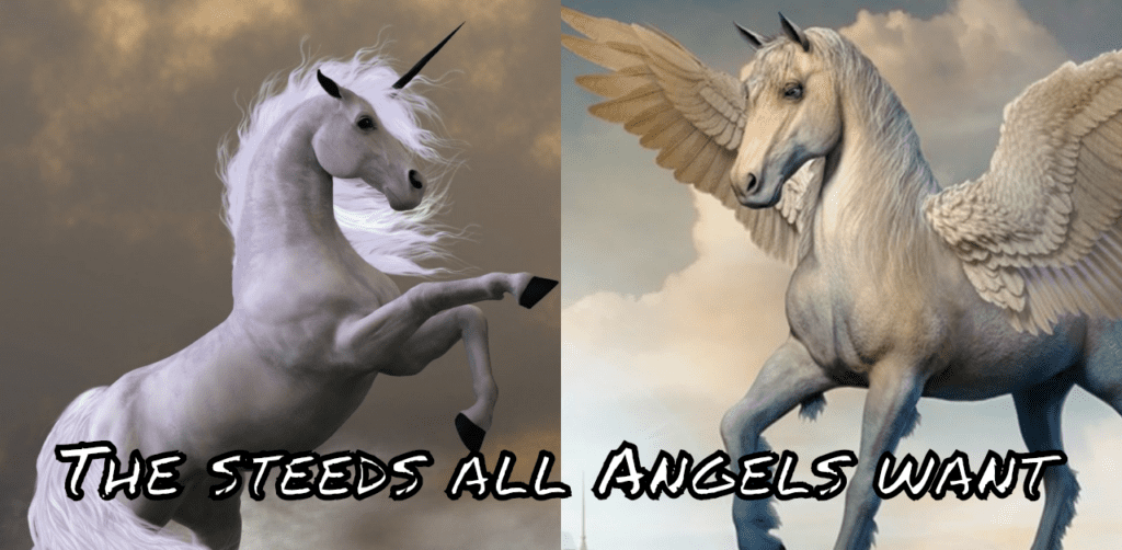 an unicorn facing a pegas / pegasus. Both looking mighty inspiring awe.